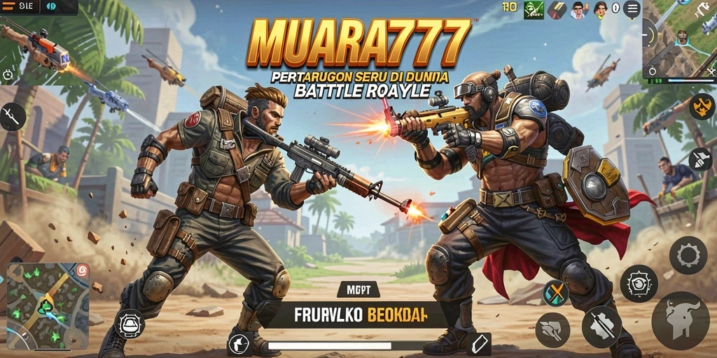 Skrinsut utama MUARA777 yang menunjukkan gameplay Battle Royale yang mendebarkan.