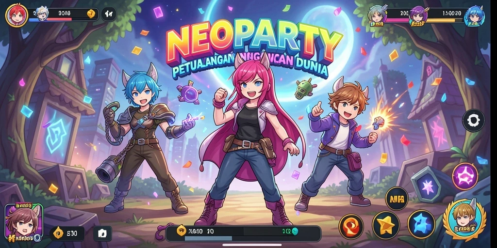 Tangkapan layar gameplay NEOPARTY menampilkan karakter anime dalam aksi.