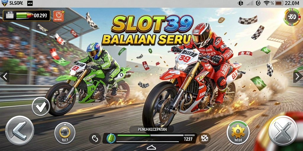 Screenshot gameplay menampilkan mobil balap meluncur cepat di trek.